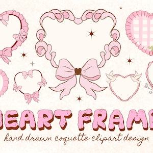 Handgezeichneter Herzrahmen svg, Coquette Ribbon Rahmen Clipart, rosa Bögen und Geburtstag png Illustrationen, Ästhetik, niedliche Bögen Rahmen Bogenrand