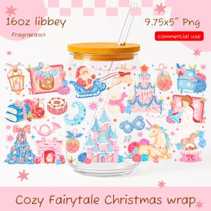 May include: A clear glass tumbler with a bamboo lid and glass straw, featuring a colorful Christmas-themed wrap design with Santa in a sleigh, a castle, a unicorn, a snowman, and various holiday ornaments in pink, blue, and gold tones.