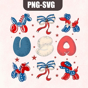Clipart retro del 4 de julio, perro globo genial del 4 de julio SVG, Día de la Independencia, clipart de Estados Unidos, png del 4 de julio, camiseta de perro globo, coqueta
