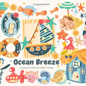 May include: A collection of nautical and coastal clipart designs. Includes a sailboat, lighthouse, flamingo, starfish, fish, and a house. The text "Ocean Breeze" and "Coastal & Nautical Clipart Design" are also included.