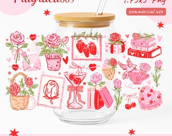 Confezione regalo in vetro per San Valentino: fiocco rosa ciliegia Coquette con rosa PNG (download digitale)