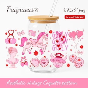 May include: A clear glass tumbler with a bamboo lid and straw, decorated with pink vintage illustrations. The design features a horse, hearts, bows, and the word "Girly". The text "Fragrea369" and "Aesthetic vintage Coquette pattern" are also present.