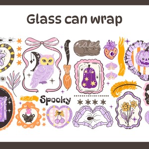 May include: A collection of whimsical, hand-drawn illustrations with a Halloween theme. Includes an owl, pumpkin, cat, and other spooky elements. The text "Glass can wrap" and "Spooky" are also present.