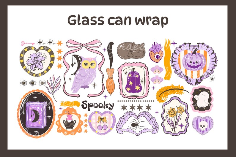May include: A collection of whimsical, hand-drawn illustrations with a Halloween theme. Includes an owl, pumpkin, cat, and other spooky elements. The text "Glass can wrap" and "Spooky" are also present.