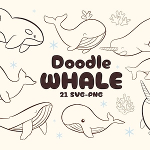 Clipart de ballena doodle: paquete SVG de animales marinos (21 PNG + SVG)