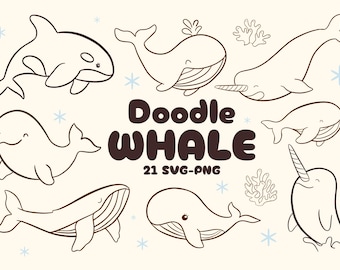 Doodle baleine Clipart : lot de SVG animaux marins (21 PNG + SVG)