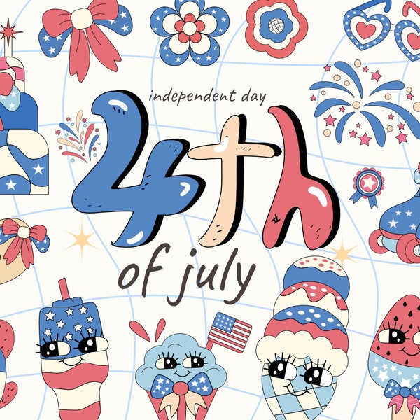 Retro 4TH OF JULY clipart, Groovy hippie 4th of July, independent day, America clipart, clipart, 4th of July sublimation, t-shirt Digital