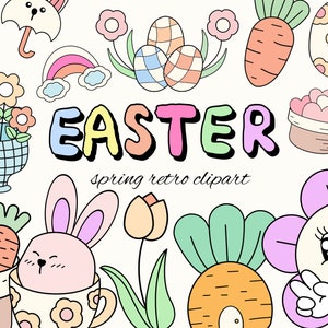 Retro Easter Clipart: Groovy Bunny, Eggs, Chick (PNG SVG)