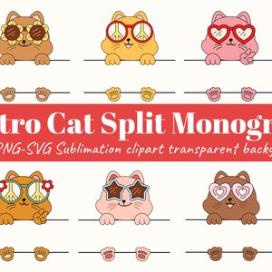 Cat split monogram, SVG Cute cat Name Label, animal name frame , cat clipart sublimation ,cat cartoon png, tumbler, mug, t-shirt, sticker