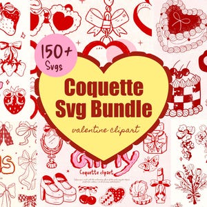 コケット svg バンドル、バレンタイン svg バンドル、サーカス、バレンタイン プリント クリップアート、手描きハート ケーキ svg、レトロ ピンク バレンタイン コケット ボウ ハート