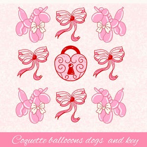 Clipart kokietki, vintage balon pies png, różowy wiśniowy z kokardą clipart, kokarda svg, Heart keyPNG Pobierz, retro zarys sublimacji, rysowane ręcznie