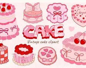 Vintage Cake Clipart: Retro Pink Heart Cakes,Coquette png (PNG, SVG Digital Download)