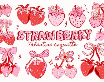 Strawberry Coquette Clipart: Valentine Bow PNG Prints (Digital Download)