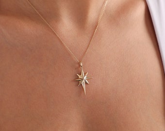 14K Gold Nordstern Halskette Nordstern Anhänger Starburst Halskette Zierliche Polarstern Halskette Geschenk für Sie Himmlischer Schmuck