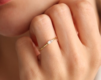14k Solid Gold Baguette Ring Minimal Promise Ring Dainty Baguette Gold Ring Solitaire Ring Women Anniversary Gift for Her Delicate Ring