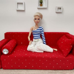 1/6 play scale red cord  chaise daybed  sofa for fashion dolls 12 inch doll size diorama.