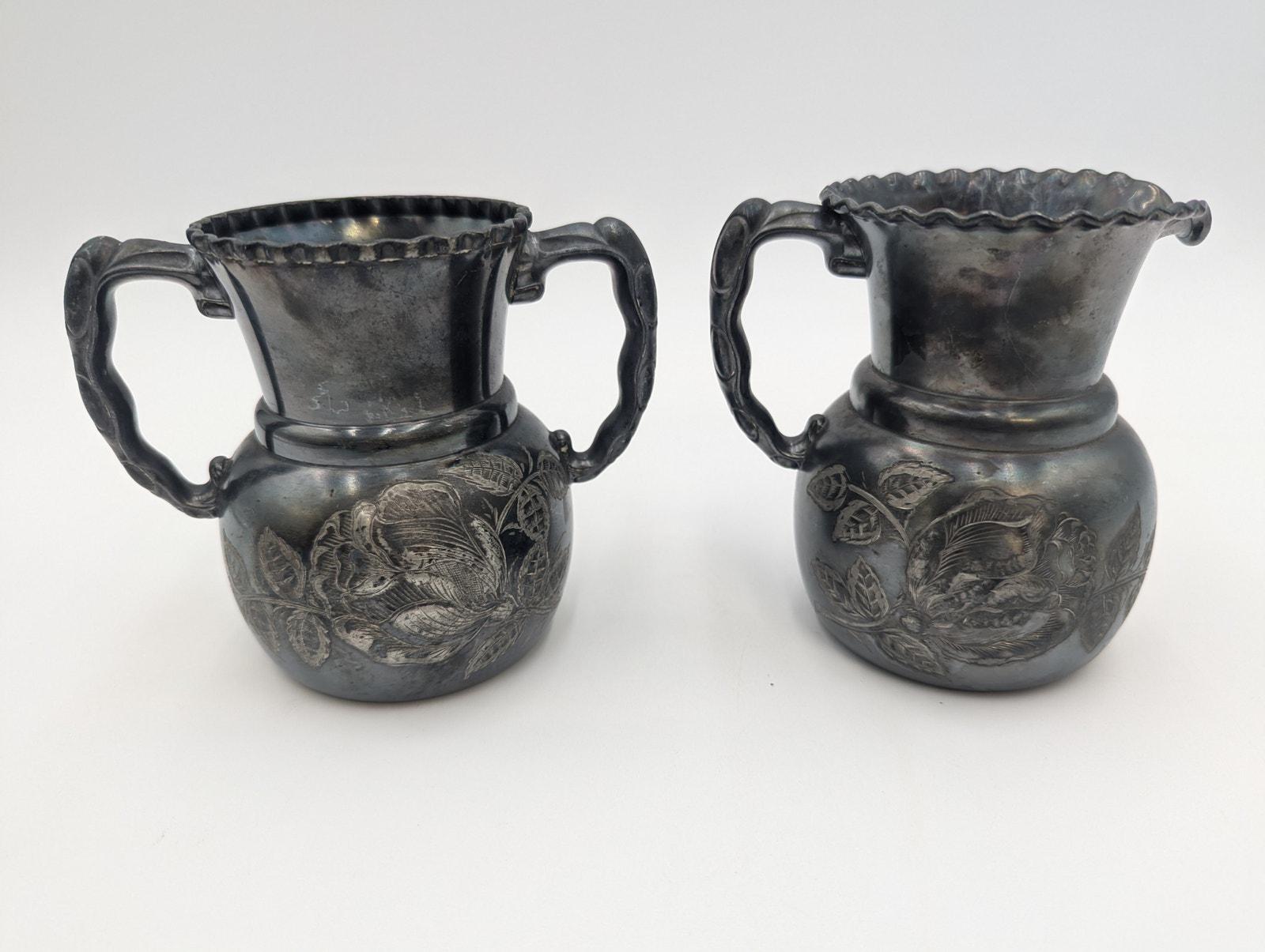 Vintage Wilcox Silverplate Hand Etched 3D Rose Detailed Creamer and Open Sugar