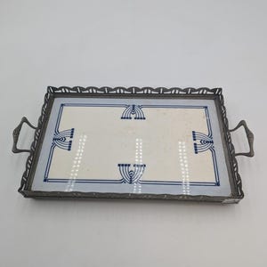 Wachtersbach Art Nouveau Jugendstil Blue and White Ceramic and Nickel Tray