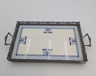 Wachtersbach Art Nouveau Jugendstil Blue and White Ceramic and Nickel Tray