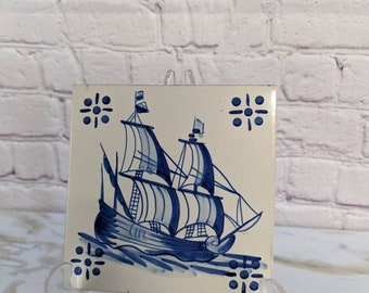 Hand Painted Delft Ship Tile Made in Portugal 5.5 inches