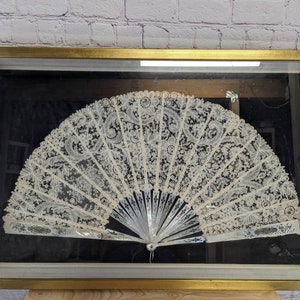 Vintage Large Mother of Pearl and Floral Lace Hand Fan in Shadow Box