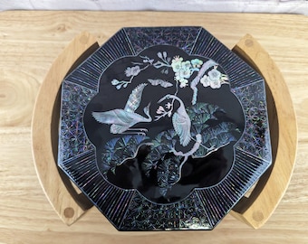 Vintage Black Lacquer and Mother of Pearl Cranes Bento Snack Box w Wood Holder