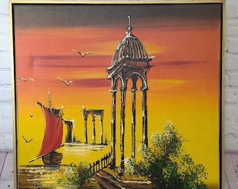 Vintage Original C. Roberts Sunset Ships Oil Painting Mid Century