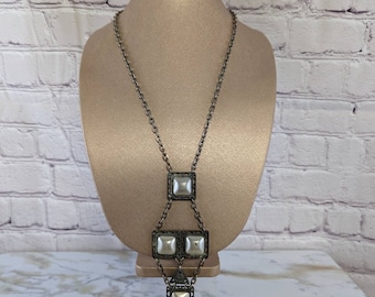 Vintage DLH Depose Signed Silver tone and Faux Pearl Victorian Style Necklace