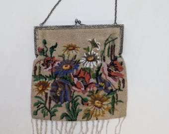 Antique Handmade Micro Beaded Wild Flower Mosaic Lined Purse 7&quot;