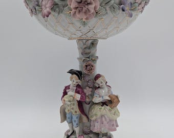 Vintage Porcelain Schierholz Style Courting Couple Compote with Flowers READ