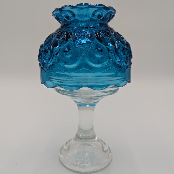 Vintage LE Smith maan en sterren koloniale blauwe en helder glazen voetstuk Fairy Lamp