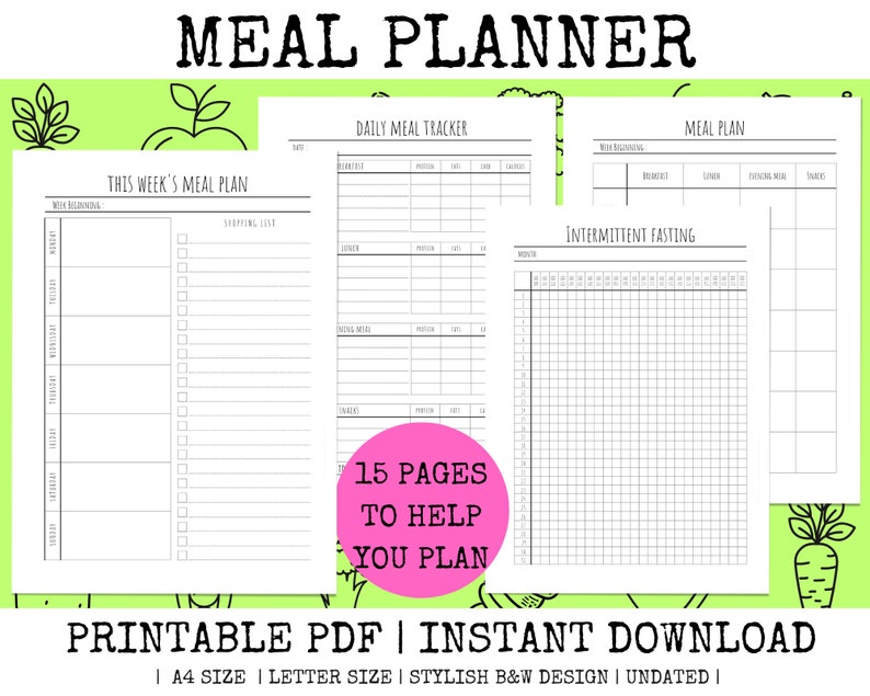 Meal Planner Printable Meal Planner Printable Pdf Day Week Month Meals Planning Intermittent ...