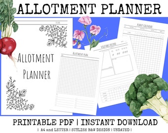 Allotment Planner | Vegetable Planner | Garden Planner | Printable pdf | Day Week Month Seasons | Seeds | Fruit | Logs | Tables | Grids