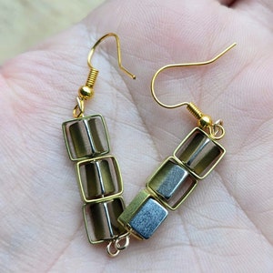Layered square brass frame earrings with silver triangle beads