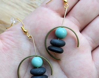 Brass semicircle earrings with jade and stones