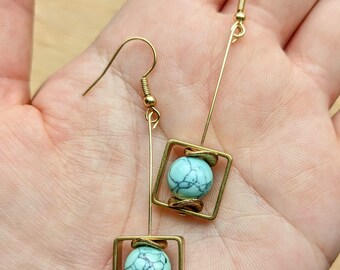 Square brass and crackled jade dangly earrings