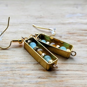 Brass rectangle gold dangle earrings with blue and orange glass beads