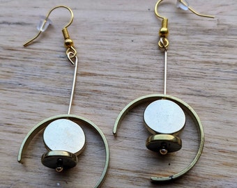 Brass semicircle earrings with gold circular metal beads