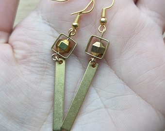Square brass frame earrings with gold rectangle dangle and geometric bead