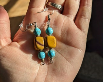 Yellow jasper and turquoise earrings