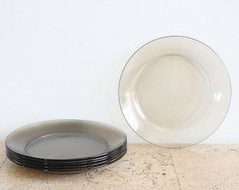 Vintage set of six smoked glass breakfast or dessert plates from Arcoroc from the seventies