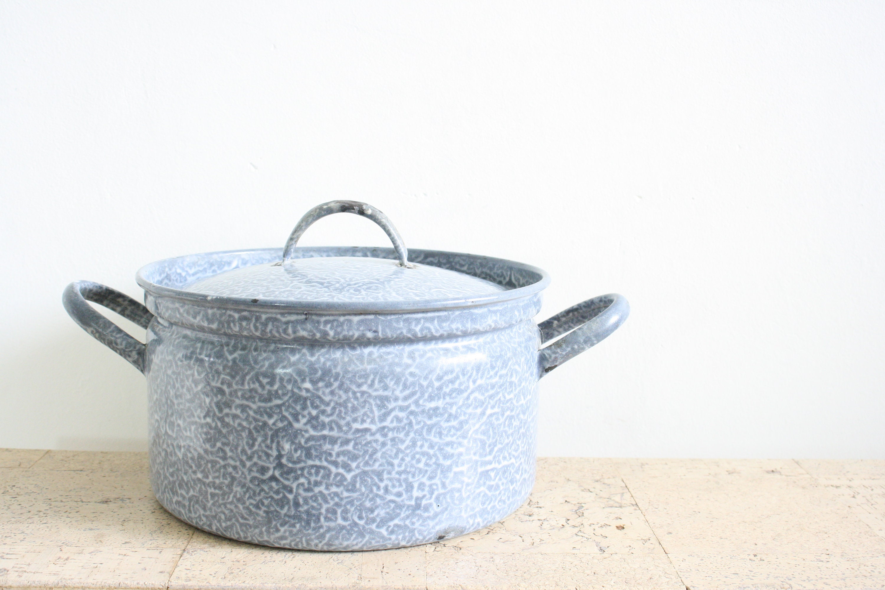 Vintage big gray and white enamel pan from the fifties