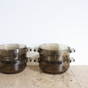 Vintage set of four smoked glass soup bowls from Arcoroc from the seventies