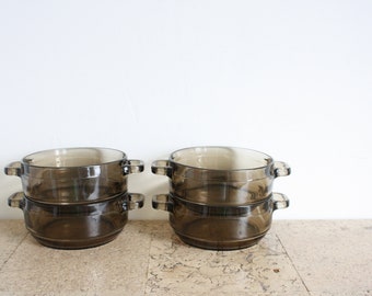 Vintage set of four smoked glass soup bowls from Arcoroc from the seventies