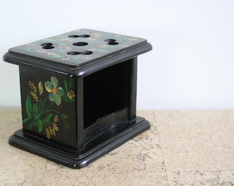 Vintage small black wooden foot stove with handpainted flowers