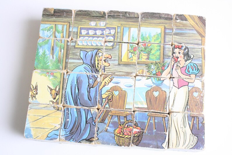 Vintage Snow White and the Seven Dwarfs Wooden Block Puzzle With Six ...
