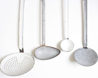 Vintage enamel kitchen utensils / serving spoons / ladles from Holland