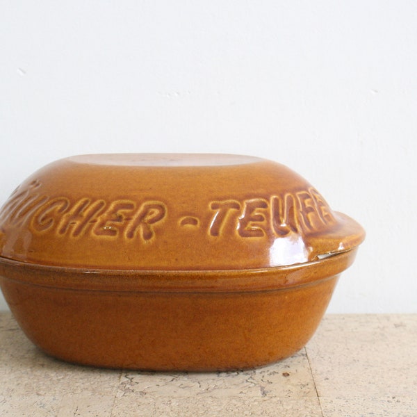 Vintage Räucherteufel, glazed clay casserole dish or oven pot from Treptow Bavaria, Germany