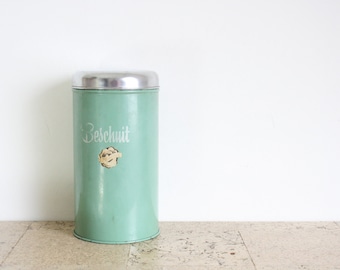 Vintage Brabantia beschuitblik met lift en roossticker uit de vijftiger jaren