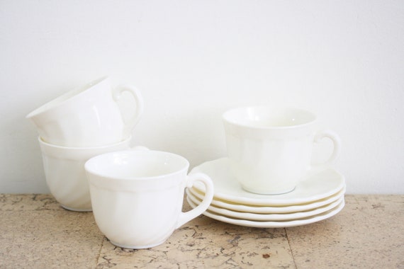 Four Cups and Saucers Arcopal Trianon White Opaline Glass From the